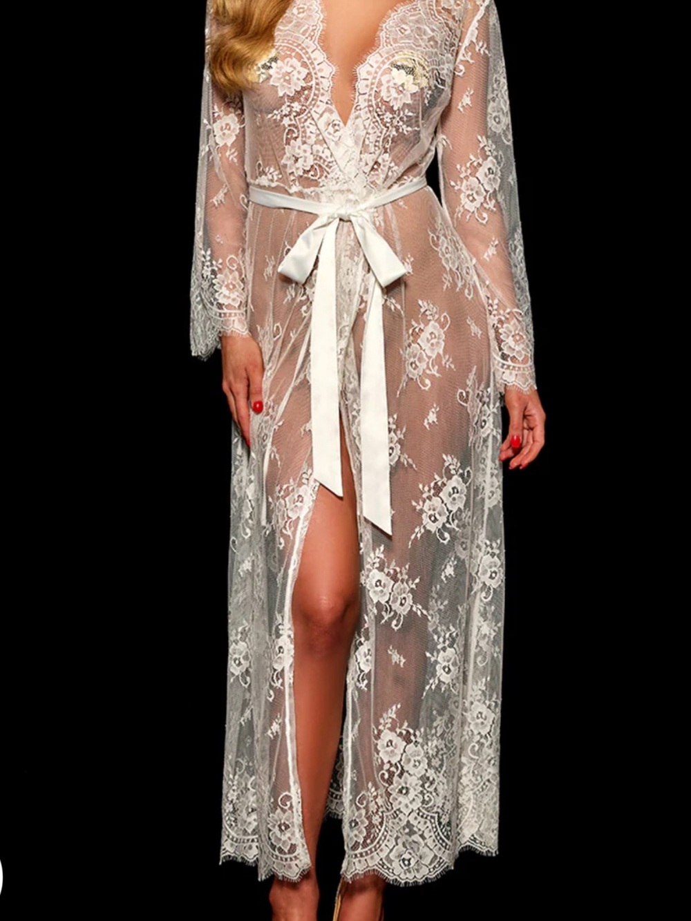 Honey Birdette “Love Lace” Full Length Robe in Ivory